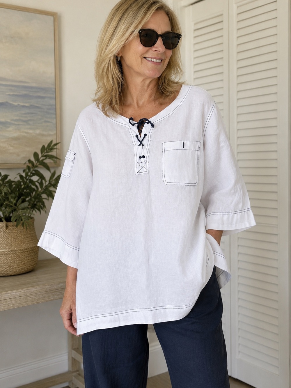 Lauren Ralph Lauren White 100% Linen Tunic Navy Drawstring Sz 3X